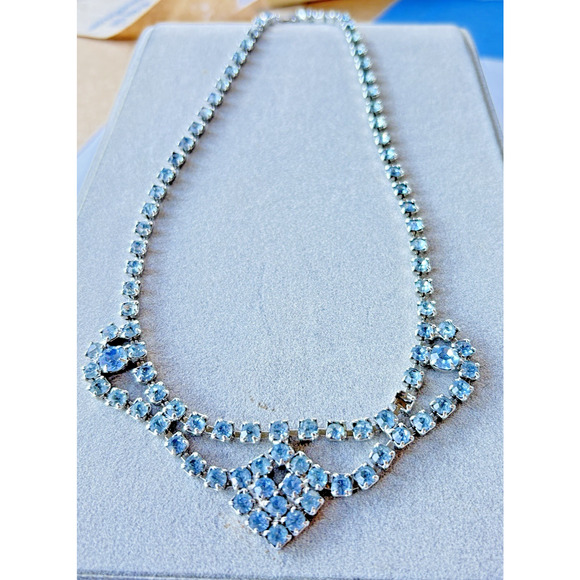 1950's Blue Rhinestone Mid Century Vintage Choker Necklace, Prom Formal Jewelry - Picture 2 of 12